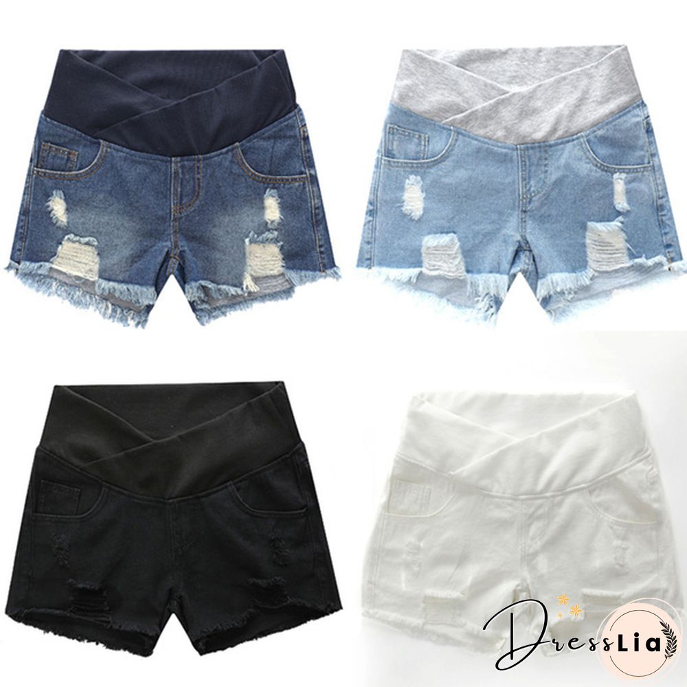 Pregnant Women's Ripped Hole Loose Denim Maternity Shorts Summer Casual Belly Clothes