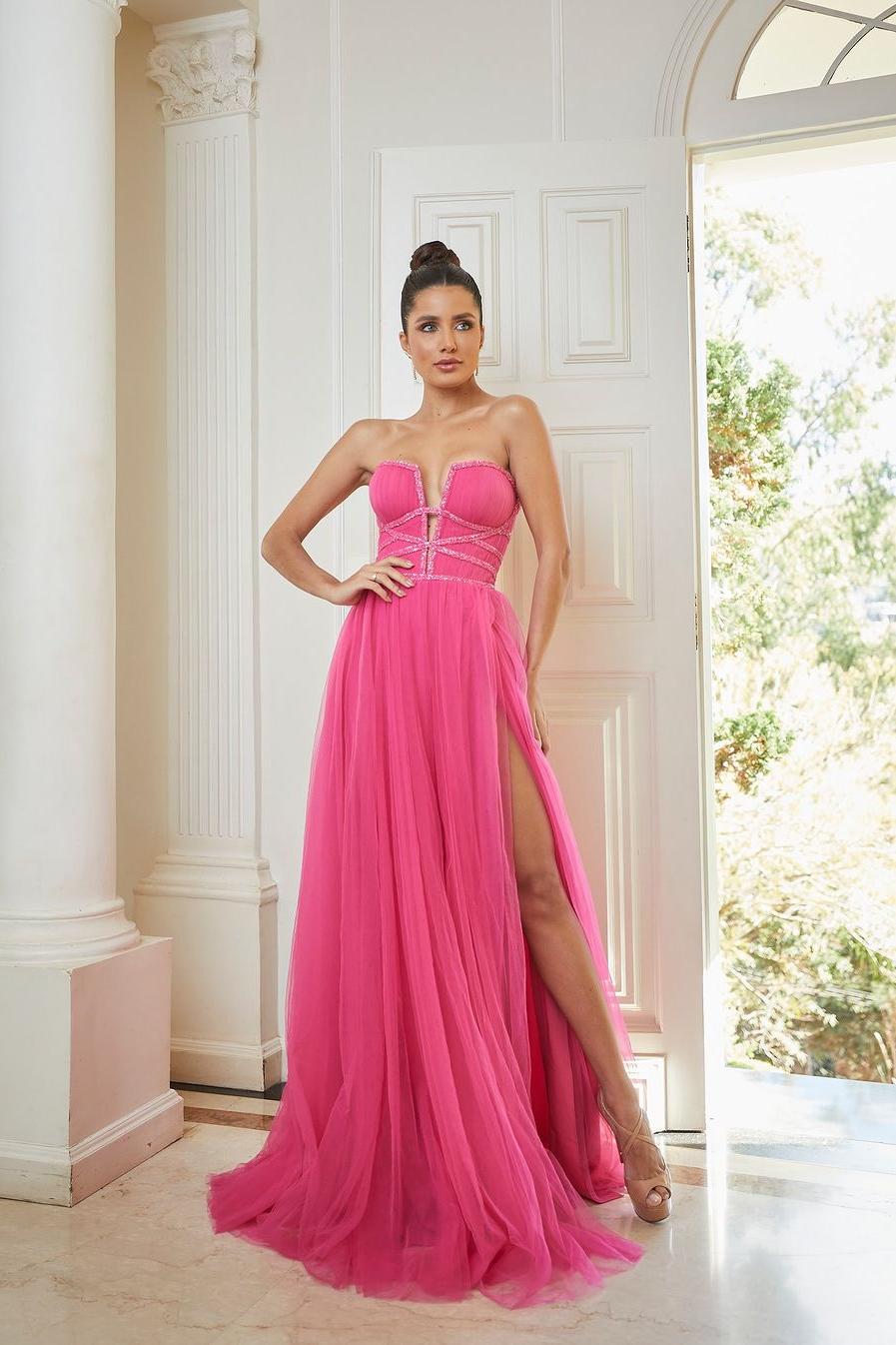 Exquisite Pink Tulle V Neck Strapless Sleeveless Long Prom Dress with Split | MS0148