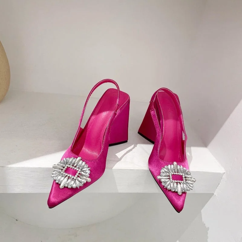 Shoes on High Heels Crystal Block Heel High Heel Sandals Heel Shoes Pointed Toe Rhinestone Triangle Heels Party Wedding Shoes