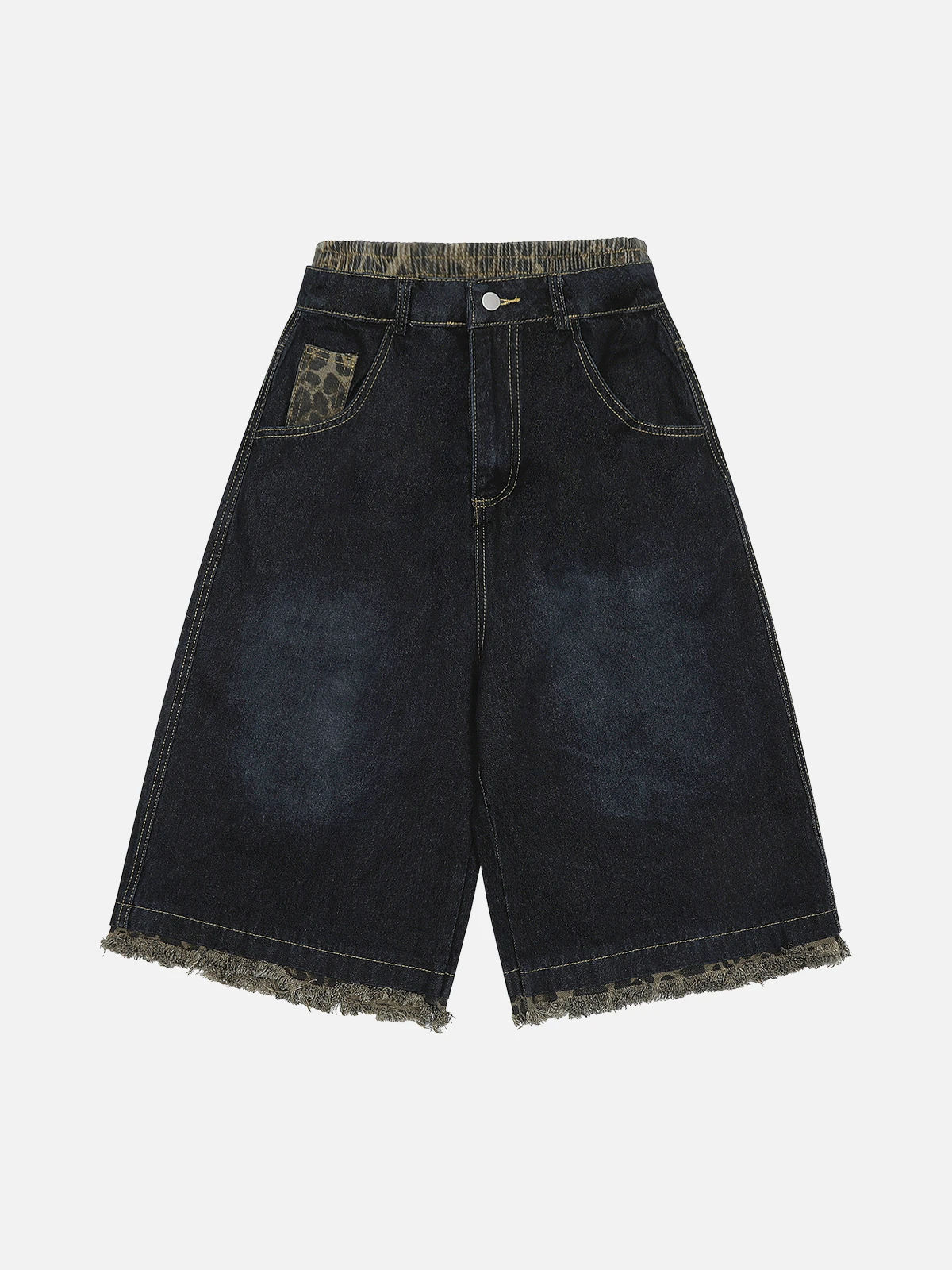 Black Leopard Print Fringe Double Waist Longline Jorts Front
