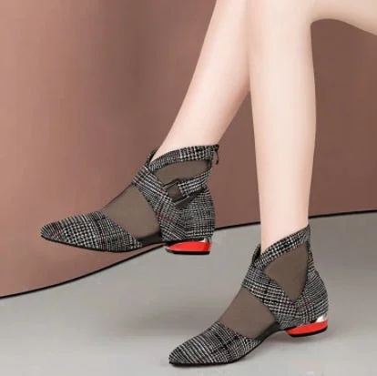 Spring New Single Shoes Women Low Heels Woman Ponited toe Mesh Shoes Buckle Side Hollow out Lattice Pattern Black Red