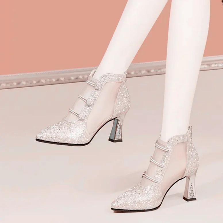 Tanguoant Tanguoant Hollow Head Sandals Women High Heels Sandals Women Wear Thick Heel Pointed Breathable Net Boots Women's Sandals