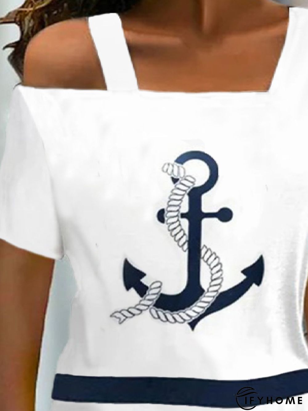 Women's Loose Blouse Anchor Pattern short Sleeve One Shoulder Asymmetrical Neck Blouse Fall Spring | IFYHOME