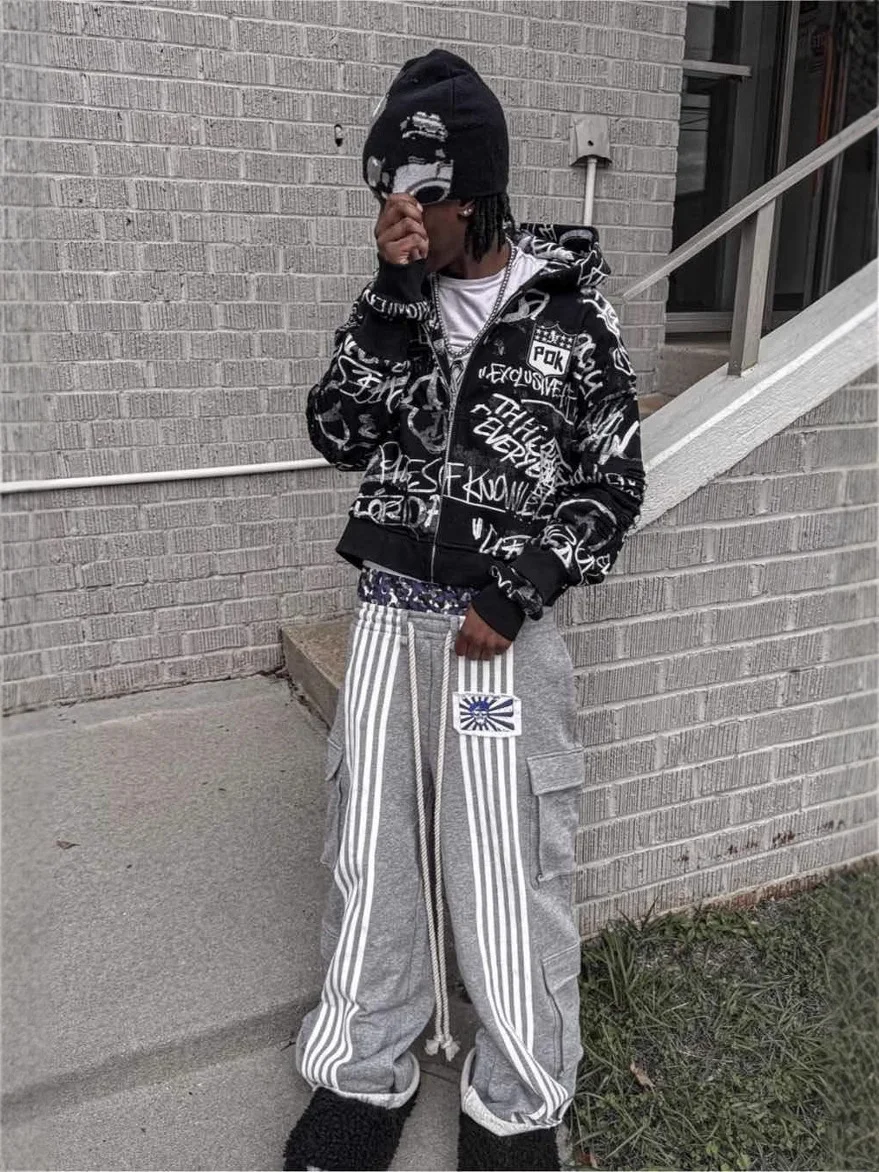 Athvotar Athvotar High Street Workwear Double Waist Head Trousers Leaf Camouflage Heavy Industry Striped Broad Leg Trousers