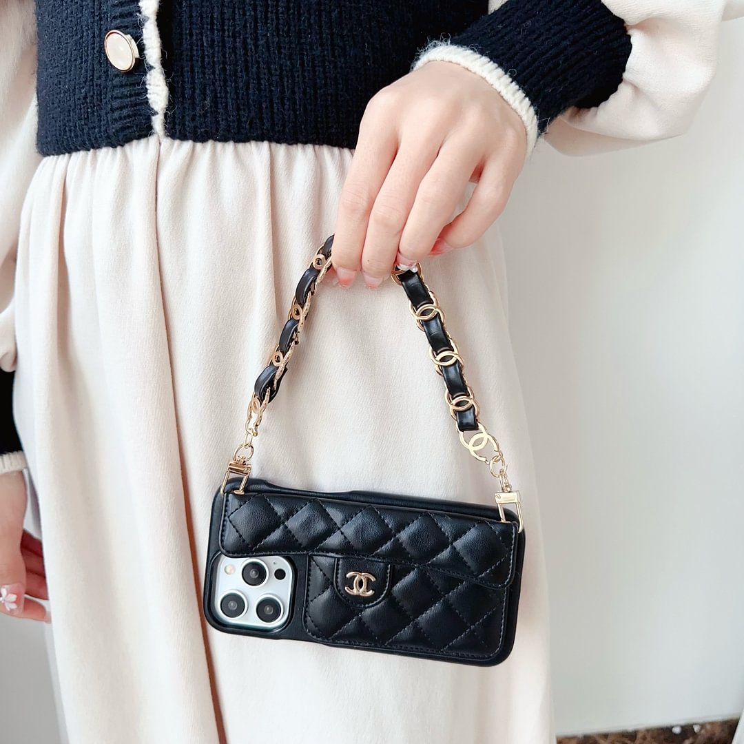Chanel Official Hand Chain Cardholder Leather iPhone Case Crossbody Cord