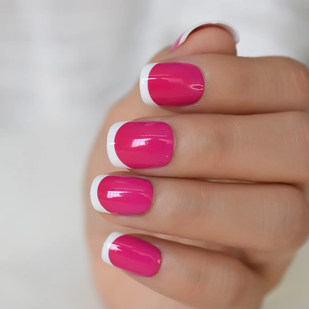 Gorgerous Fashion French Nail Rose Red White Tip Round Faux Ongles Short Lady Artificial Nail Art Tips for Daily Wear 24-Nail Inspo