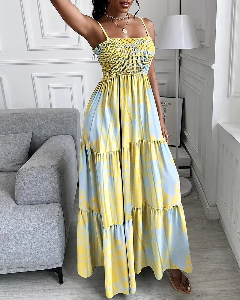 Tie Dye Print Shirred Spaghetti Strap Maxi Dress