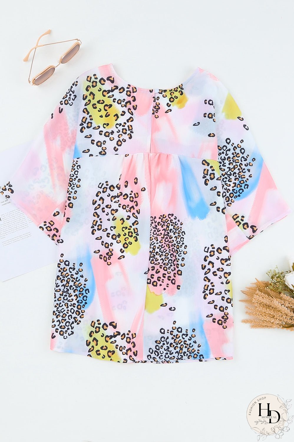 Whimsical Watercolor Animal Print V-Neck Blouse