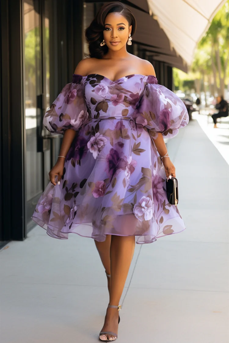 Xpluswear Design Plus Size Wedding Guest Purple Floral Off The Shoulder Sundress Puff Sleeve Organza Midi Dresses [Pre-Order] 2024 - Xpluswear