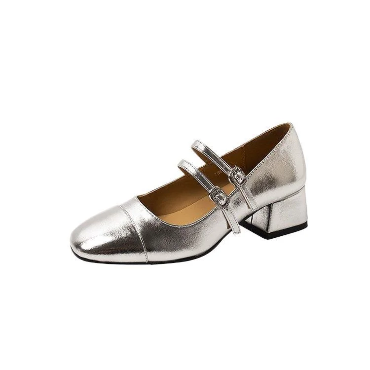 Uveng Uveng Heel High-Heeled Women's Skirt Temperament Silver Single Shoes 2024 New Spring And Autumn French Mary Jane Small Leather Shoes