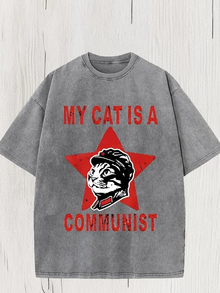 Men's My Cat Is A Communist Red Star Print Cotton Washed T-Shirt