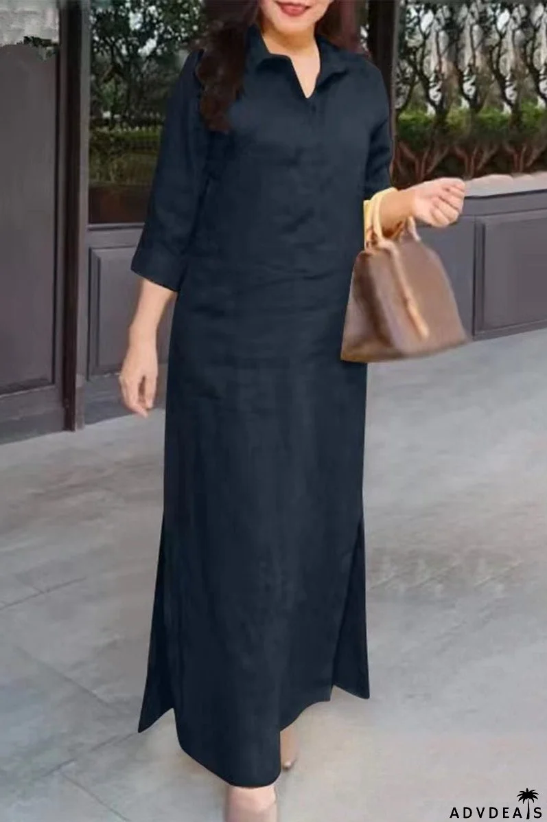 Casual Simplicity Solid Pocket Turndown Collar Shirt Dress Dresses
