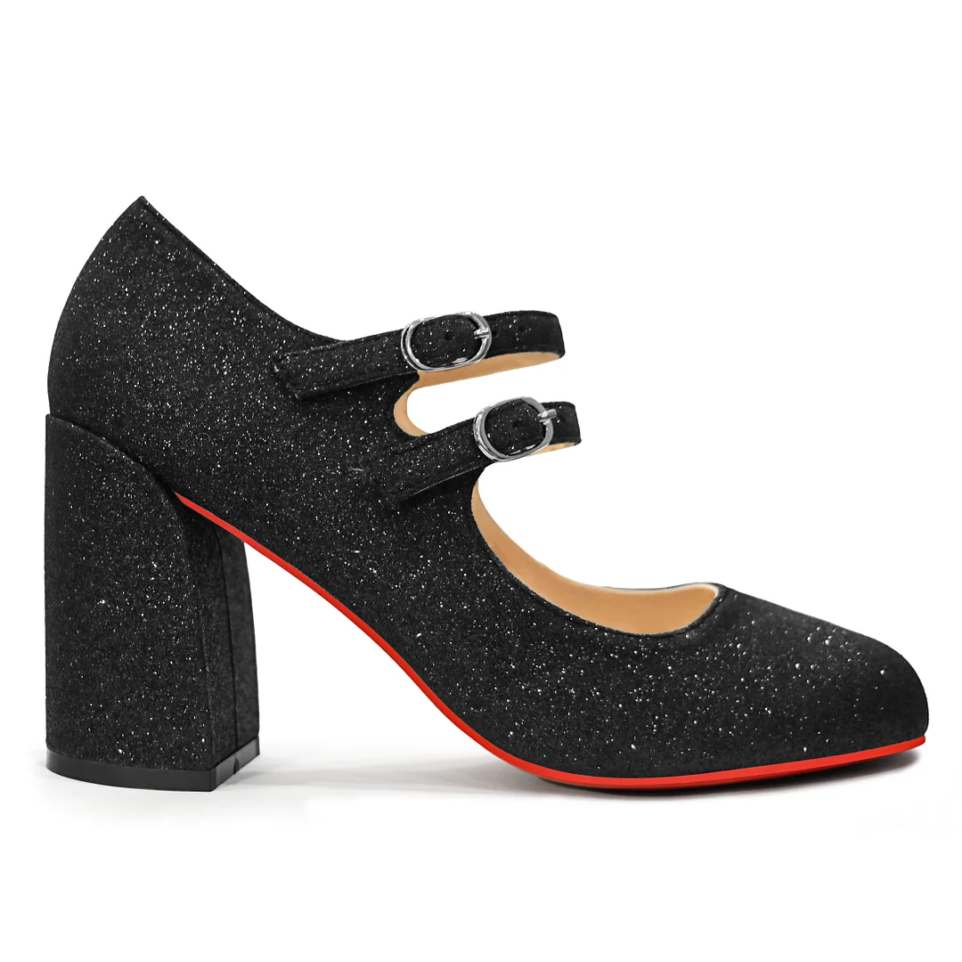 85mm Women's Chunky Heels Red Bottom Shoes Comfortable Miss Jane Block Heel Patent Pumps-MERUMOTE