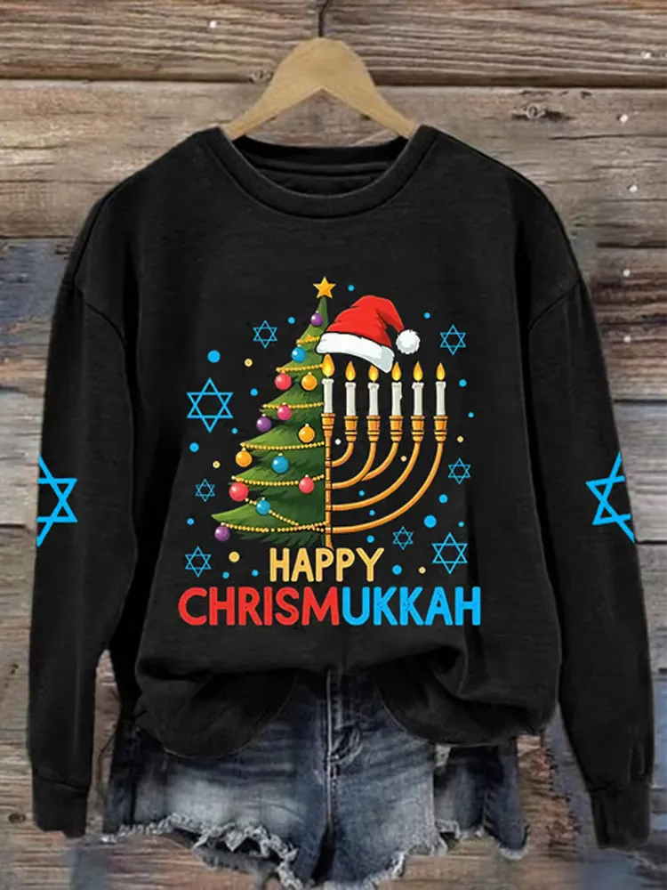 Women's Hanukkah Print Crew Neck Sweatshirt