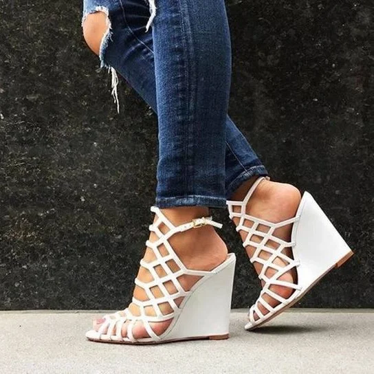 White Laser Cut Cage Wedge Peep Toe Sandals Vdcoo