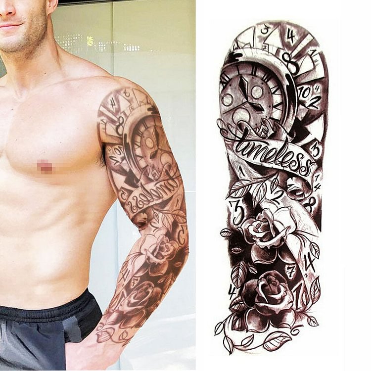 Full Flower Arm Temporary Tattoo Sticker Rose Clock Body Art Water Transfer Fake Tatoo Sleeve For Men Women