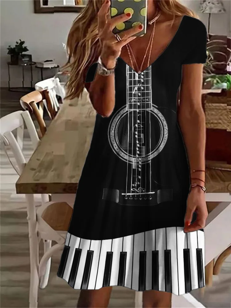 Music Notes String Guitar & Piano Keys Contrast Midi Dress