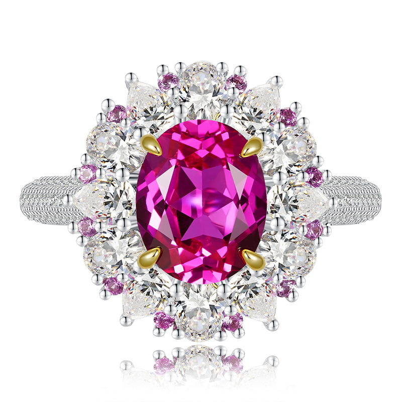 MIKAMU Jewelry Elegant S925 Silver 8*10 Pink Diamond Ring for Women - French Style, Fashionable and Versatile Statement Piece
