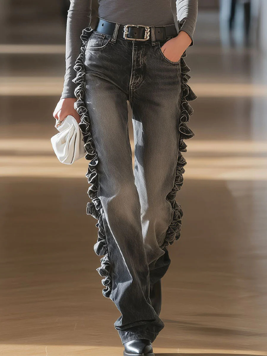 Retro Ruffled Distressed Washed Jeans