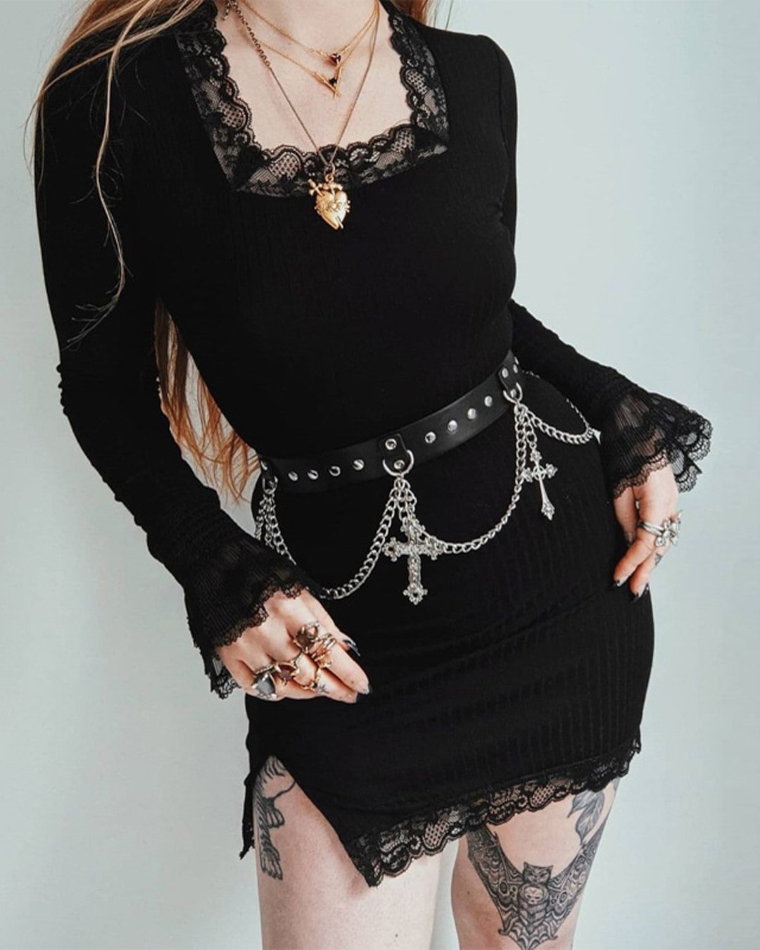Fashionv-Lace Trim Side Slit Long Sleeve Mini Dress