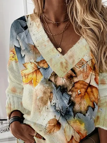 V Neck Casual Leaf Printed Wool/Knitting Plus Size Sweater