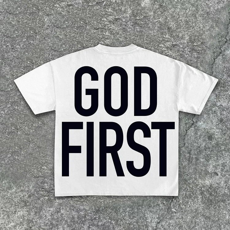 Stylish God First Print 100% Cotton Casual T-Shirt