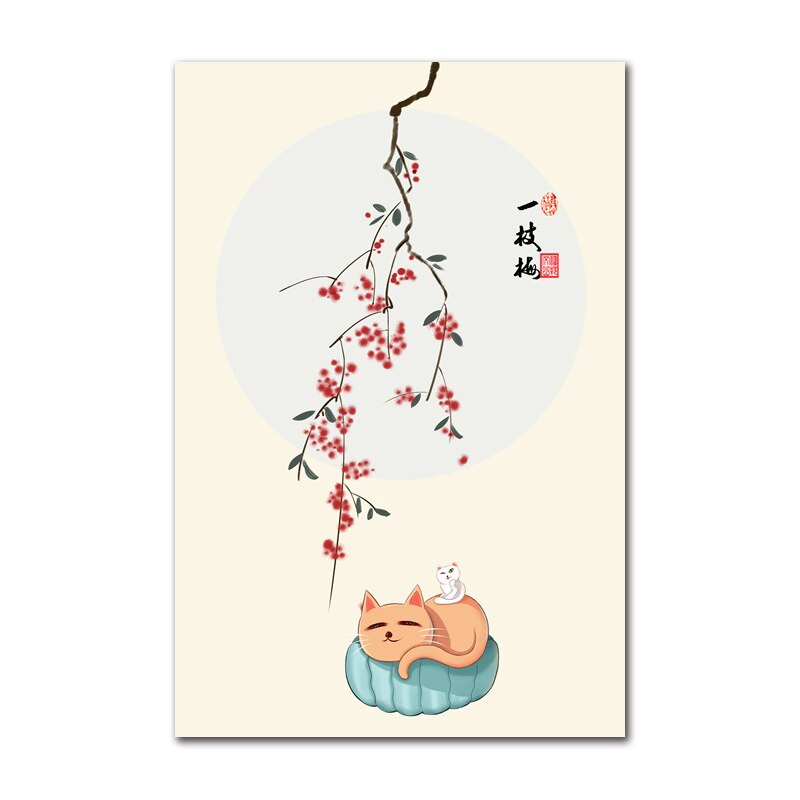 Traditional Minimalist Chinese Style Poster Custom Flower Wall Painting Plum Cat Canvas Painting Living Room Home Decoration
