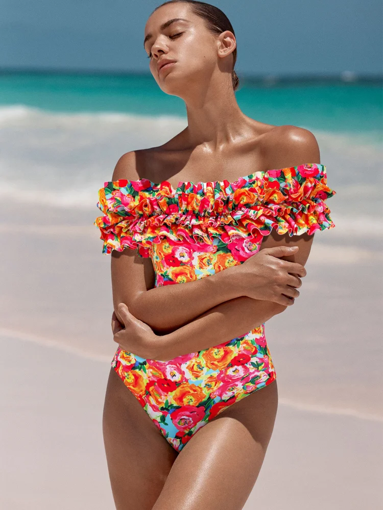 Detachable Double Shoulder Strap With Ruffles One Piece Swimsuit