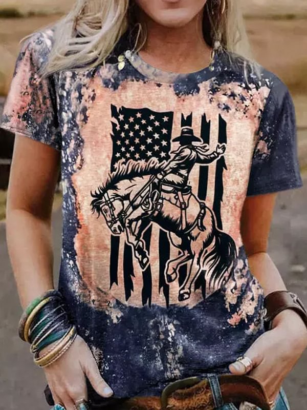 American Flag Horse Bleached O-Neck T-Shirt