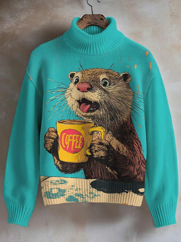 Women's The Otter Was Burned By The Coffee Print High Neck Knit Sweatshirt
