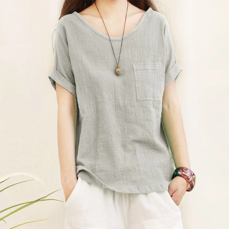 Graduation Gifts  Green Loose Cotton Linen Blouse Plus Size 5XL Blouses Women 2023 Summer Shirts Casual Short Sleeve O Neck Solid Shirt Lady Tops