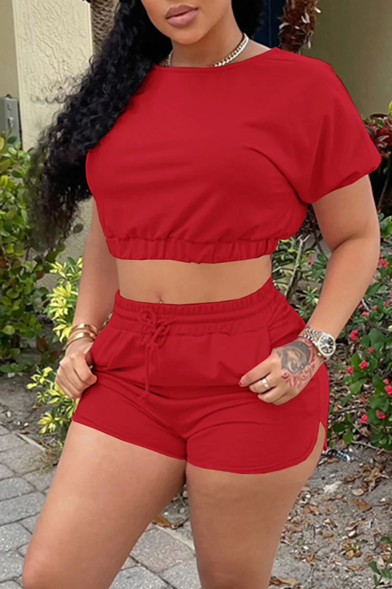 Red Casual Solid Patchwork O Neck Short Sleeve Two Pieces | EGEMISS