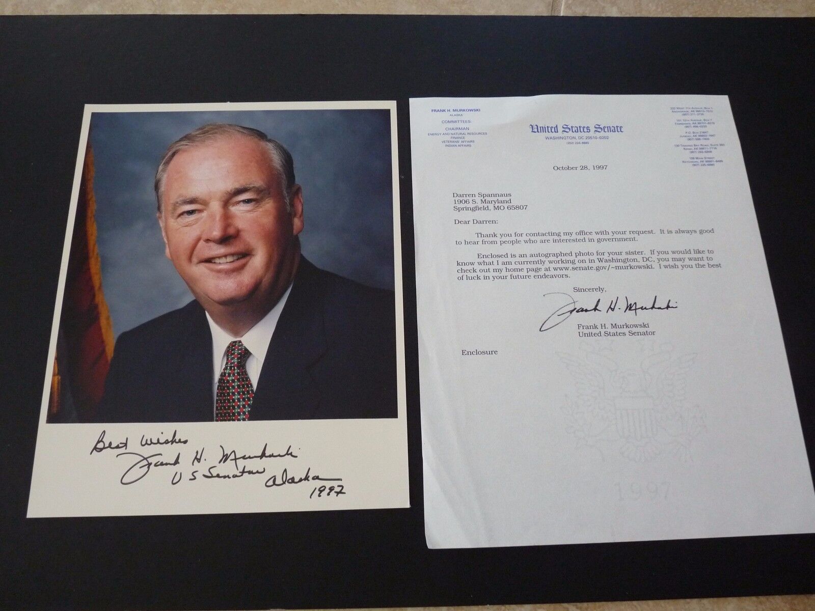 Senator FRANK MURKOWSKI Autographed Signed 8X10 & Letter Photo Poster painting PLEASE READ