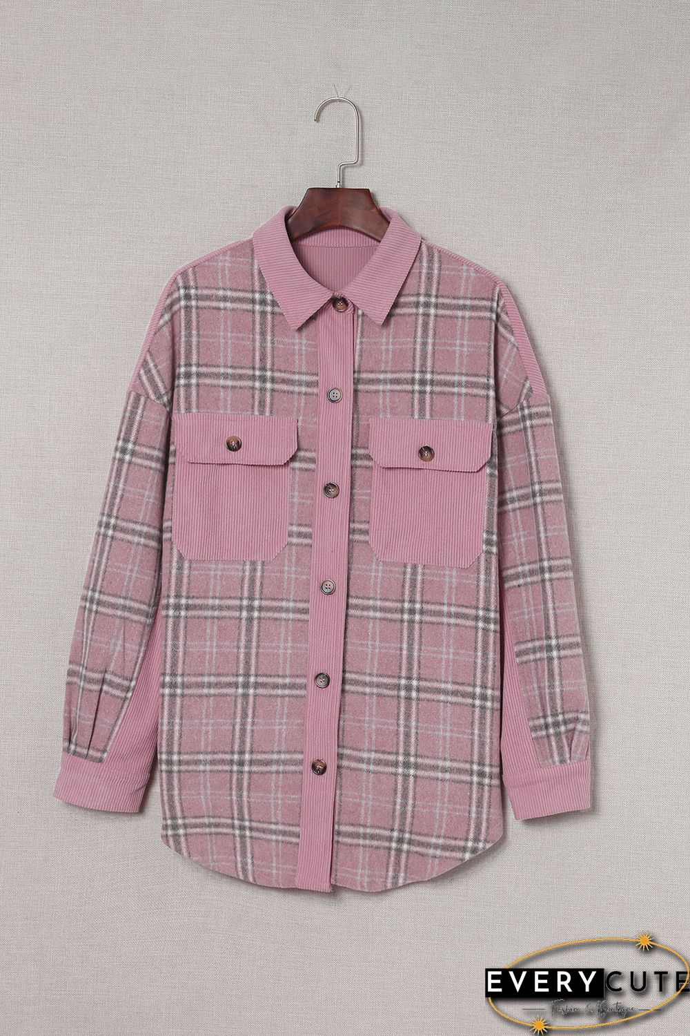 Pink Corduroy Plaid Pattern Shacket