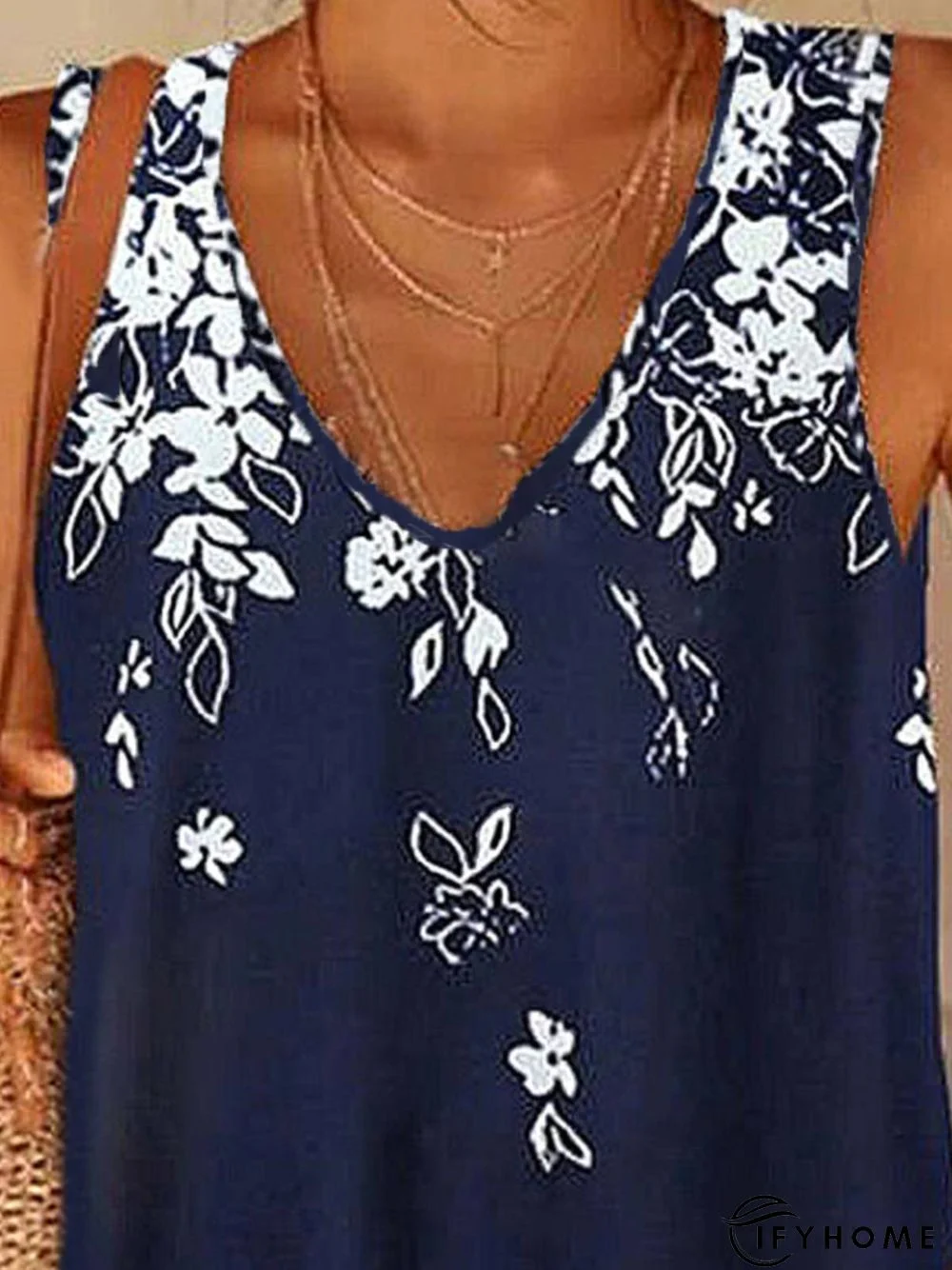 Women's Casual Daily Holiday Tank Tunic Top Camis Floral Sleeveless Patchwork Print Round andV Neck Casual Beach Tunic Top Navy Blue | IFYHOME