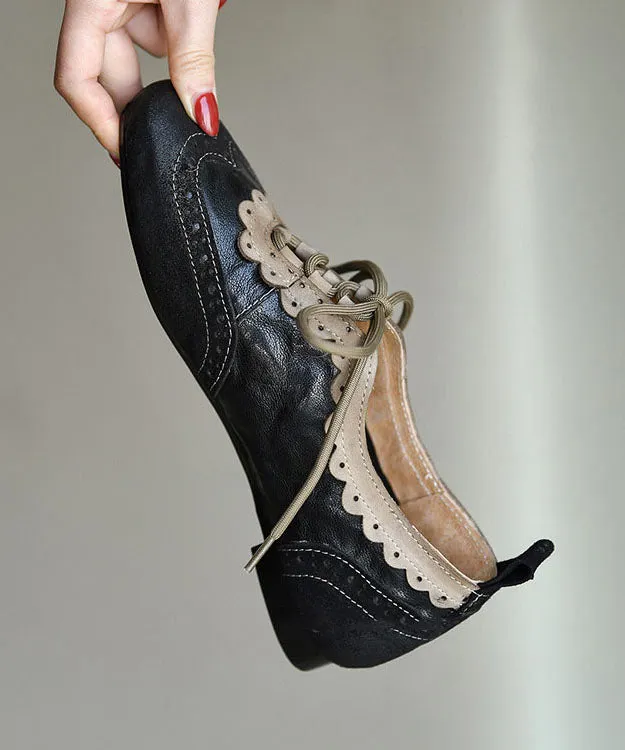 Elegant Black Sheepskin Lace Up Splicing Loafers