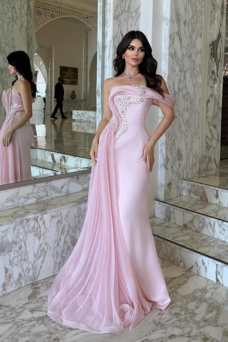Lussooy Elegant Beaded Pink Satin One Shoulder Strapless Prom Dress with Train 