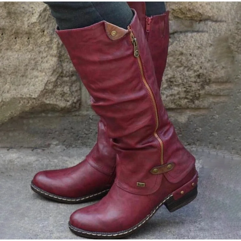 Christmas Gift Women's Boots Vintage British PU Leather Autumn Shoes Woman Low Heel Zip Sewing Ladies Fashion Retro Women Long Boots