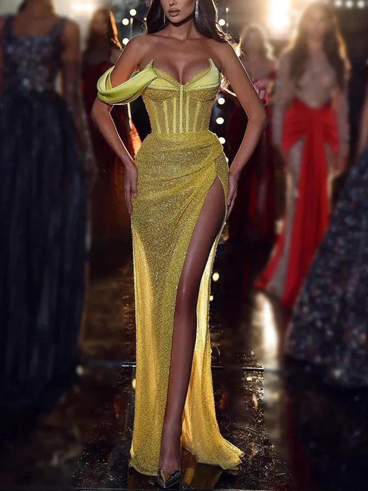Promsstyle Strapless shining sequin deep side slit yellow asymmetric cocktail dress Prom Dress 2023