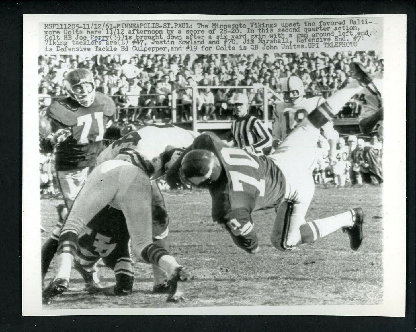 Jim Marshall Ed Culpepper Johnny Unitas 1961 Press Photo Poster painting Baltimore Colts Vikings