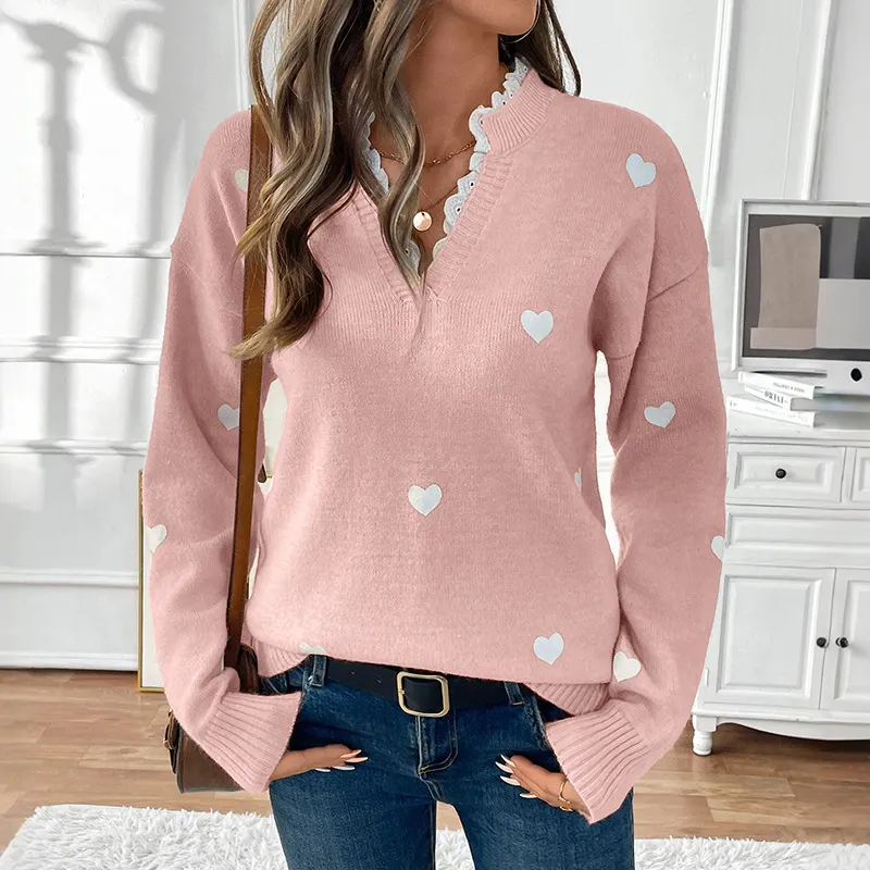Women's Heart Print Sweater Lace Trim V Neck Casual Knit Top