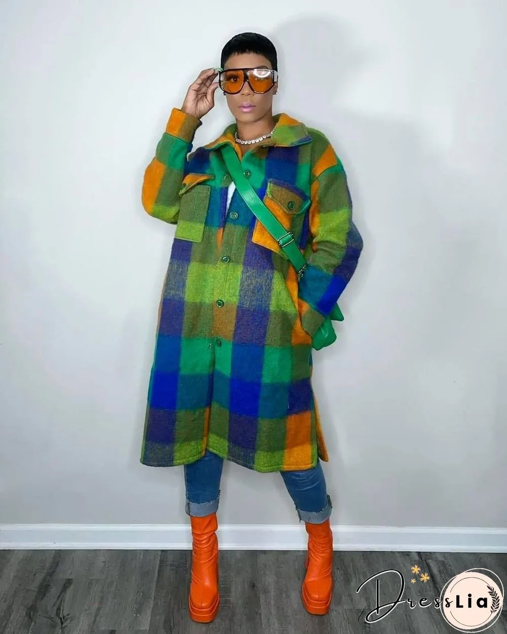 Plaid Lapel Single-breasted Woolen Long Coat