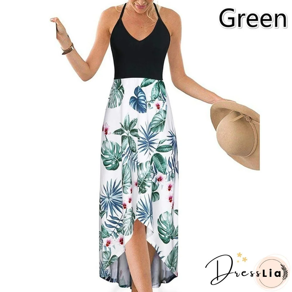 Women&rsquo;s Fashion Summer Casual Floral Printed V-Neck Sling Dress High Waist Big Swing Dress Backless Dress