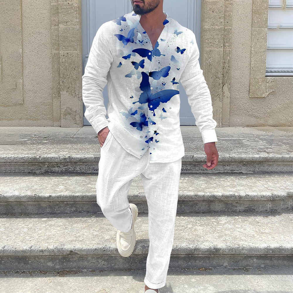 Men's White Cotton And Linen Butterfly Print Resort Suit / TECHWEAR CLUB / Techwear
