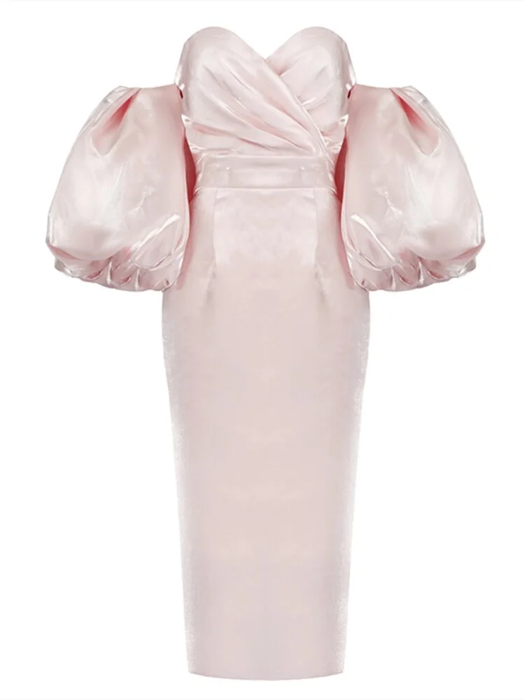 V-neck Strapless Puff Sleeve Satin Midi Dress Women Off the Shoulder Lantern Sleeve Knee-Length Dress Party Evening Dress