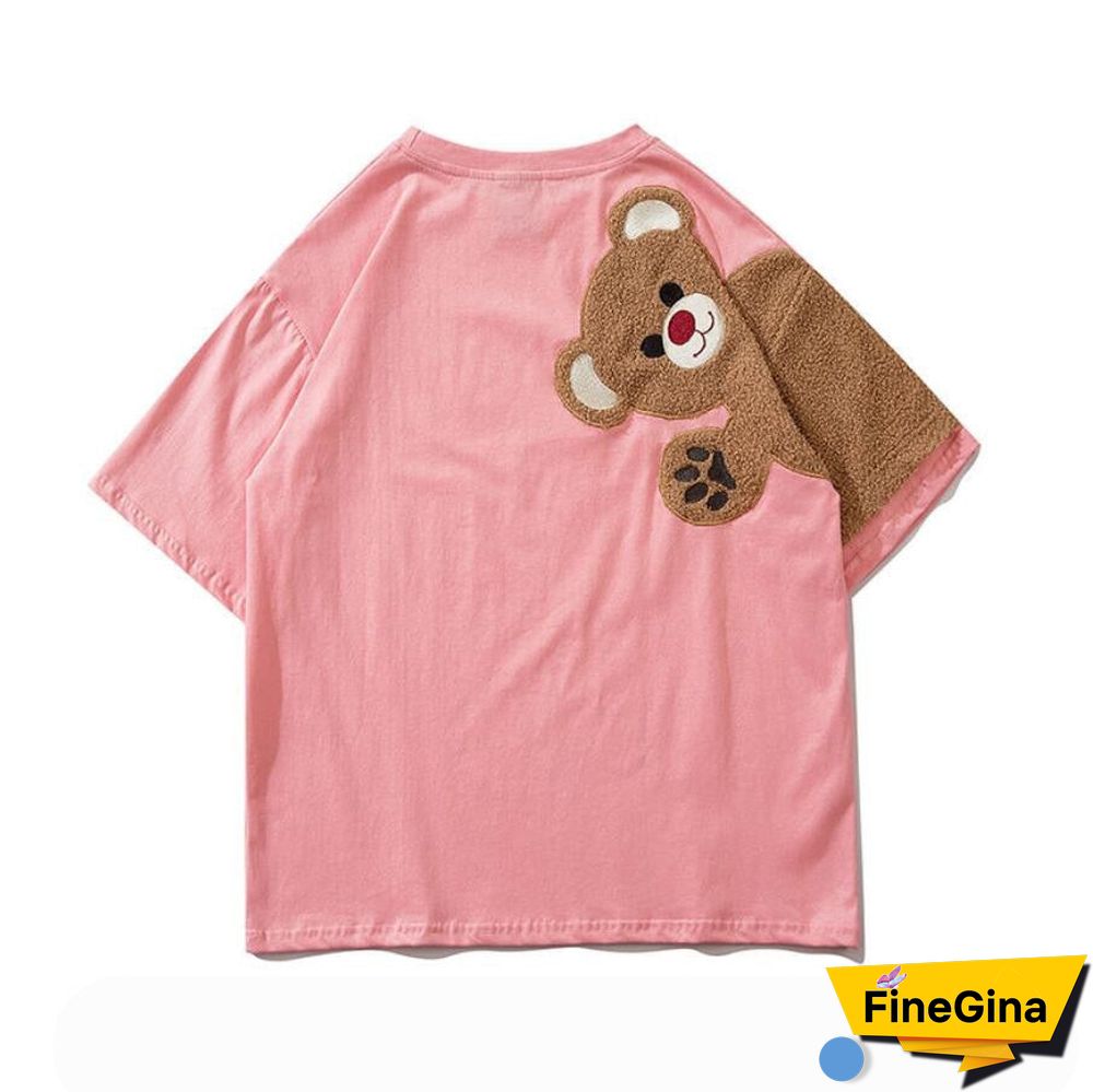 Summer Women T Shirts 100% Pure Cotton T-Shirt Short Sleeve Embroidery Bear Cute Kawaii Tee O-Neck Loose Couple Clothes Top