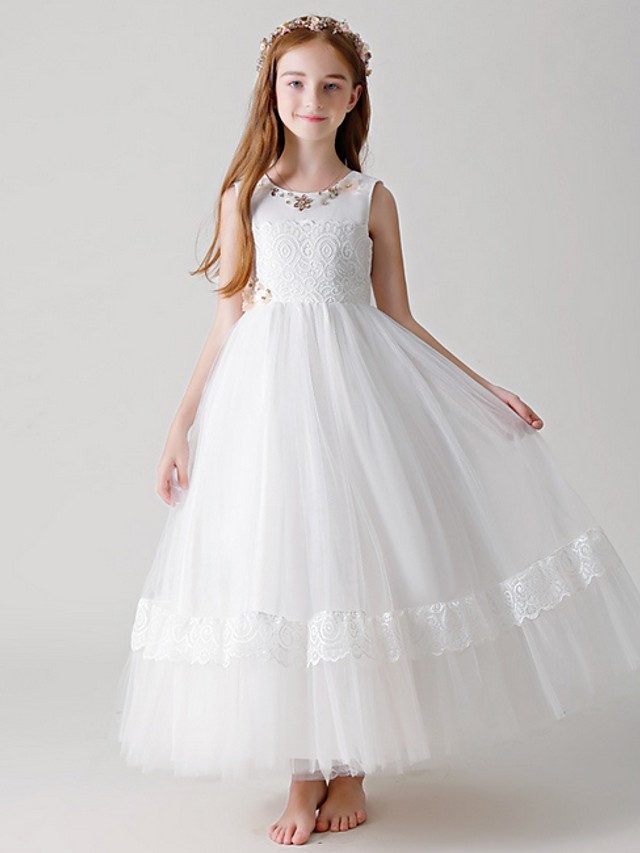 Bellasprom Ball Gown Ankle Length Tulle Flower Girl  Dress With Crystals Appliques Bellasprom