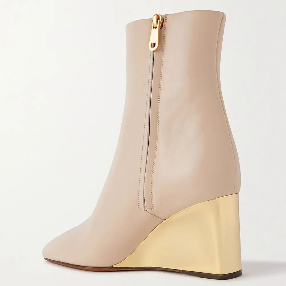 TAAFO Nude Pointed Toe Zip Booties Stylish Gold Heel Wedge Boots