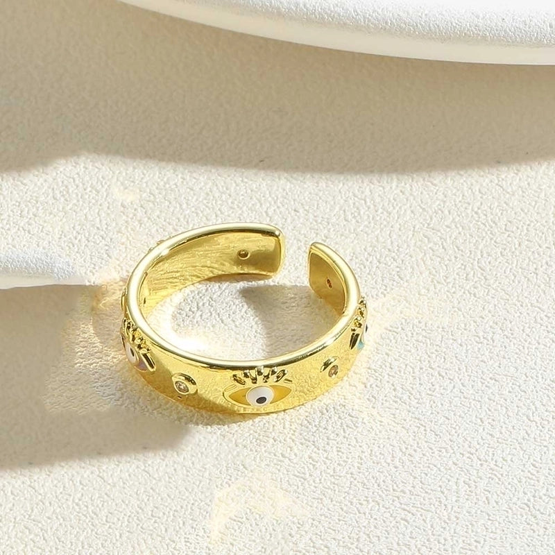 Vintage Style Minimalist Commute Devil's Eye Copper Enamel Plating Inlay Zircon 14k Gold Plated Open Rings