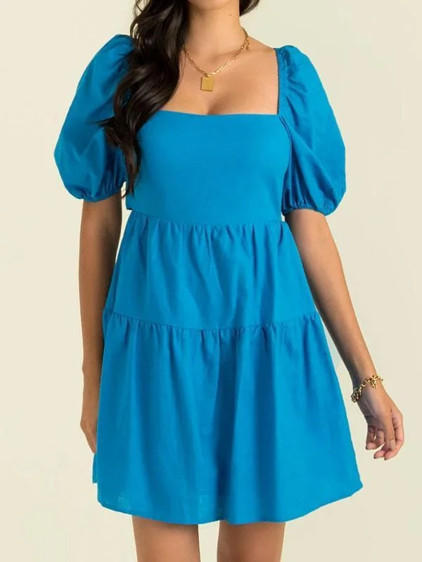 Blue linen fabric mini dress